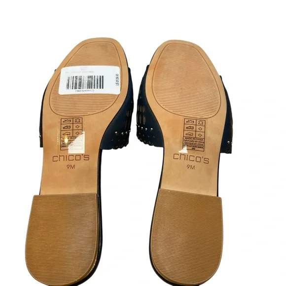 Chico's Woman’s Laser Cut Slide Sandals Navy Blue Gold Studs Size 9 - Picture 6 of 8